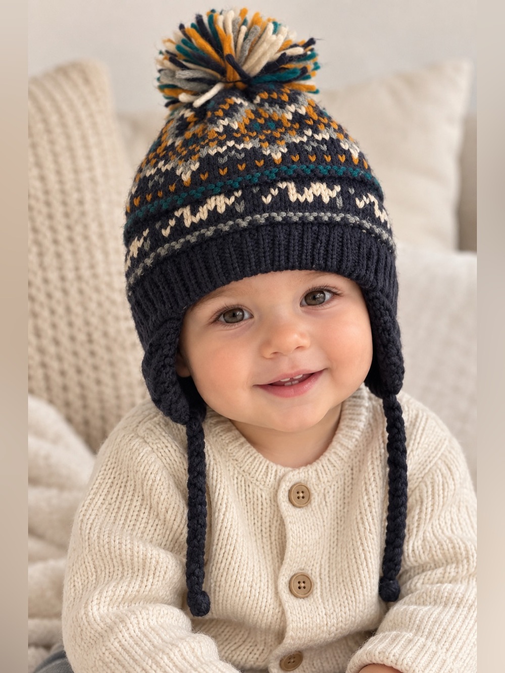 Zara Kids Navy, Cream, Green and Mustard Pom-Pom Earflap Hat